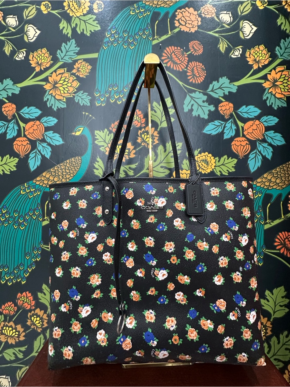 Coach Reversible Floral Market Tote Black Crossgrain Leather Shopper Bag - Picture 4 of 12